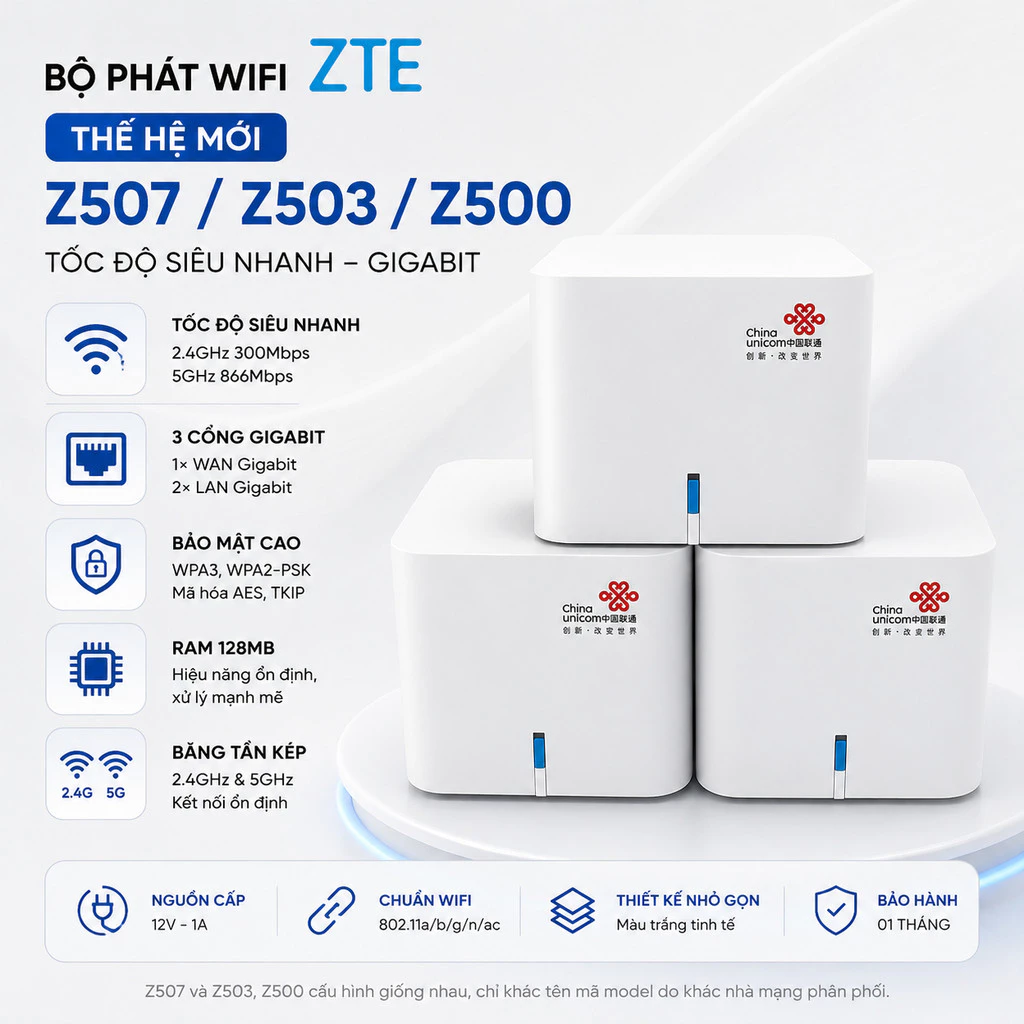 Bộ phát wifi Router  ZTE Gigabit: Z507/Z503/Z500 - Phủ Sóng Toàn Diện, Ổn Định Vượt Trội, ROM Đa Dạng