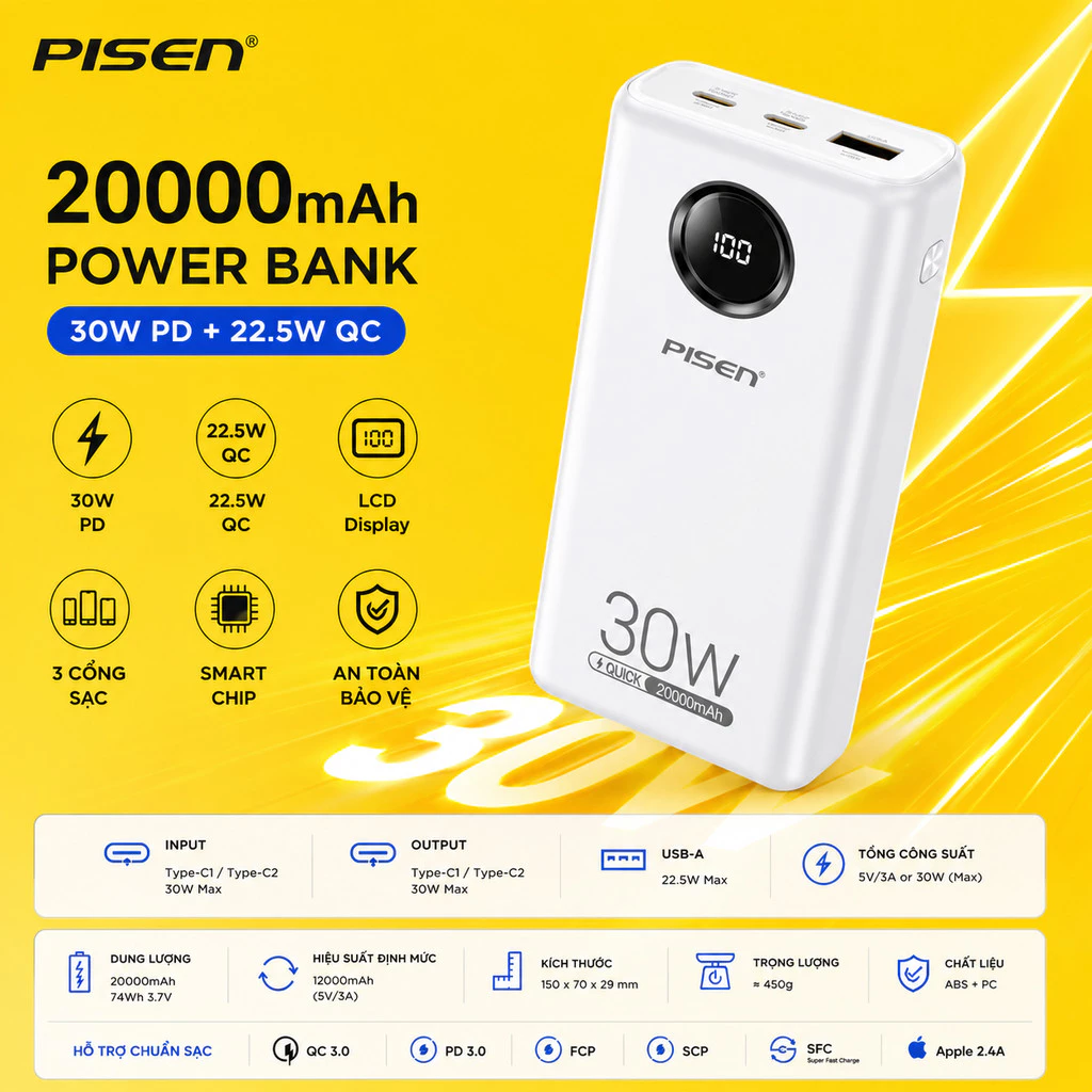 Pin dự phòng siêu nhanh Pisen TS-D337 20000mAh hỗ trợ 2 cổng sạc typec in/out - QC 22.5W và PD 30W