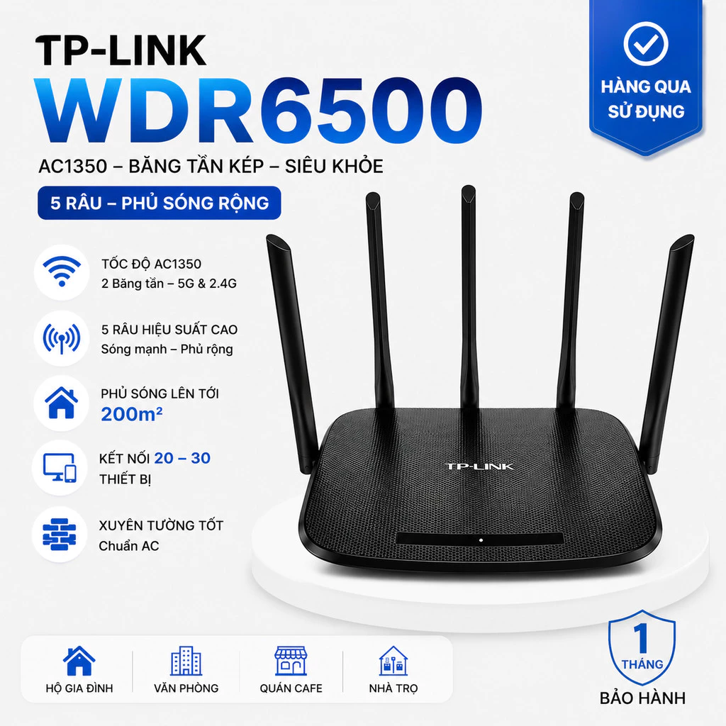 Bộ Phát Wifi TPlink 5 Râu WDR6500 - AC1.350Mbs, Băng tần kép, Siêu Khỏe hàng qua sử dụng cũ