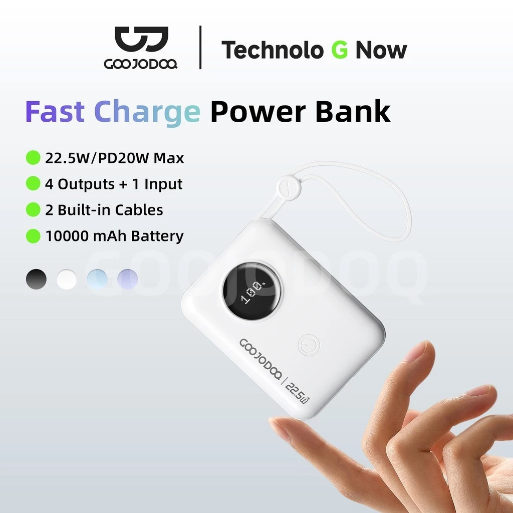 Pin sạc dự phòng mini GOOJODOQ 10000mAh, hỗ trợ sạc nhanh kép Type-C và Light-ning kèm cáp dữ liệu
