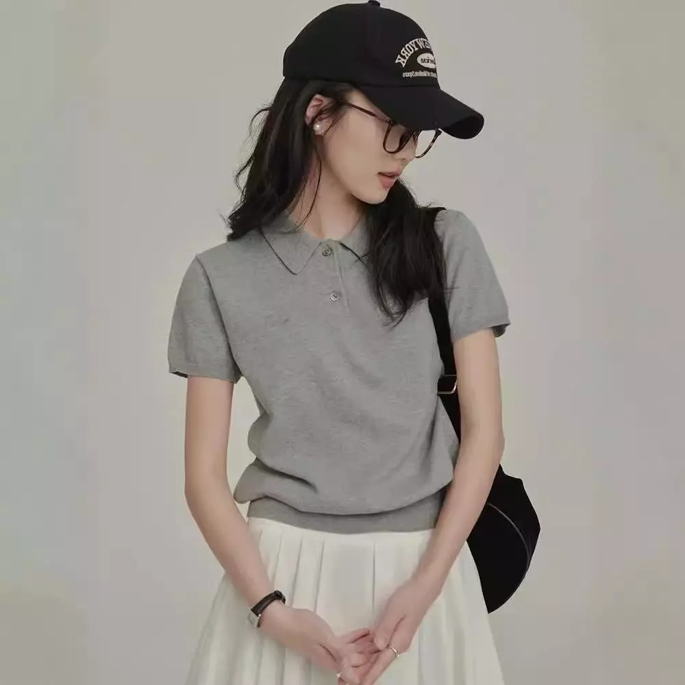 Áo thun ve áo đơn giản kiểu Pháp phong cách retro dành cho nữ mùa hè 2024 màu xám thời trang nữ tính