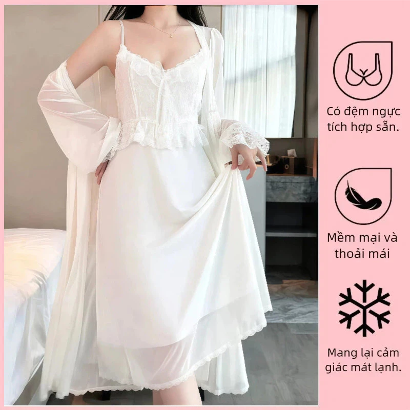 Váy ngủ phong cách công chúa Châu Âu, bằng lụa với họa tiết băng cổ tích