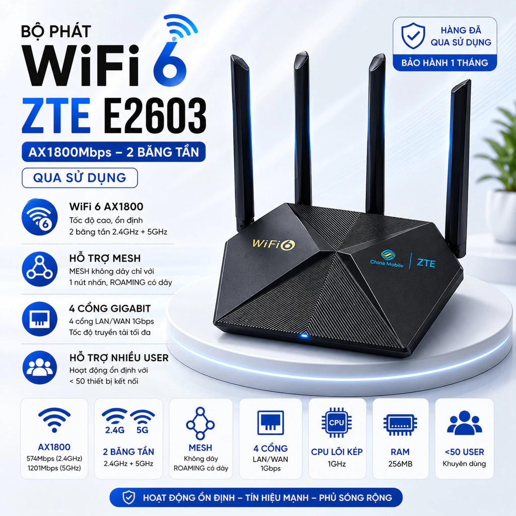 Bộ Phát Wifi6 ZTE E2615 / E2603 / E1600 E2603 chuẩn Ax1800Mbps   2 băng tần ( Qua sử dụng )
