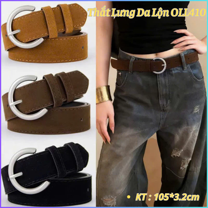 Dây thắt lưng Y2K da nhung lộn khóa tròn màu nâu, belt nam nữ khóa tròn 3.2cm OLL410