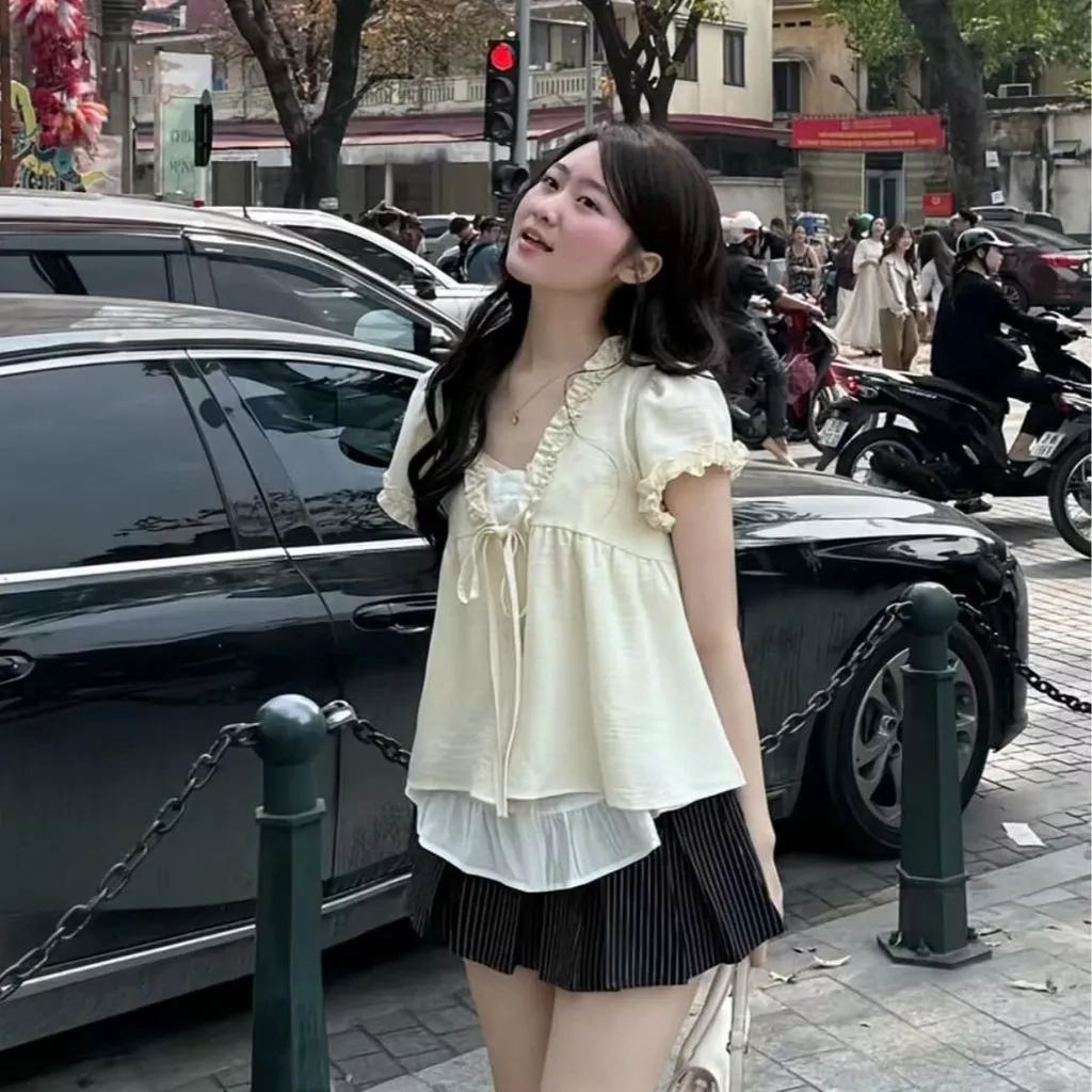 Ấo babydoll phối thân trắng liền thắt nơ dáng xuông phối viền dễ thương gồm 3 màu hot trend. HÀNG MỚI VỀ