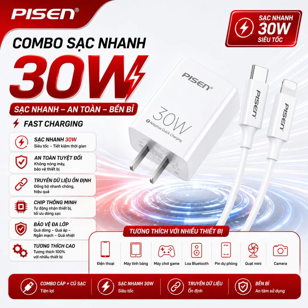 [ Pisen 30W / 20W ] Bộ sạc / Củ Sạc PISEN QUICK PD 20W / 30W  TS-C160( bán lẻ củ hoặc dây  ) - Hàng Chính Hãng- HSHO