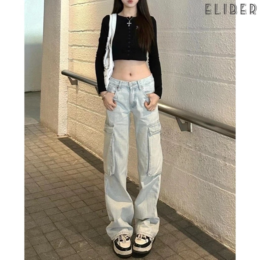 ELIBER- Quần Bò Màu Sáng Quần Đi Làm Thường Ngày Nhiều Túi Tôn Dáng Gầy ỐNg RộNg ỐNg RộNg Cạp Thấp Cho Nữ