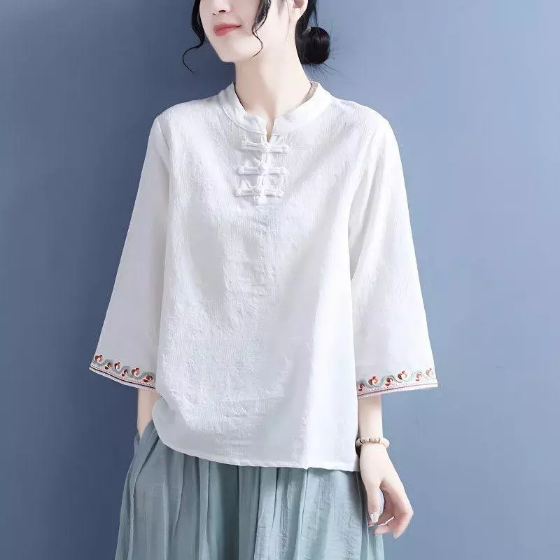 Áo sơ mi lanh Cotton Jacquard Trung Hoa, nút cổ điển thêu tay, sang trọng nữ