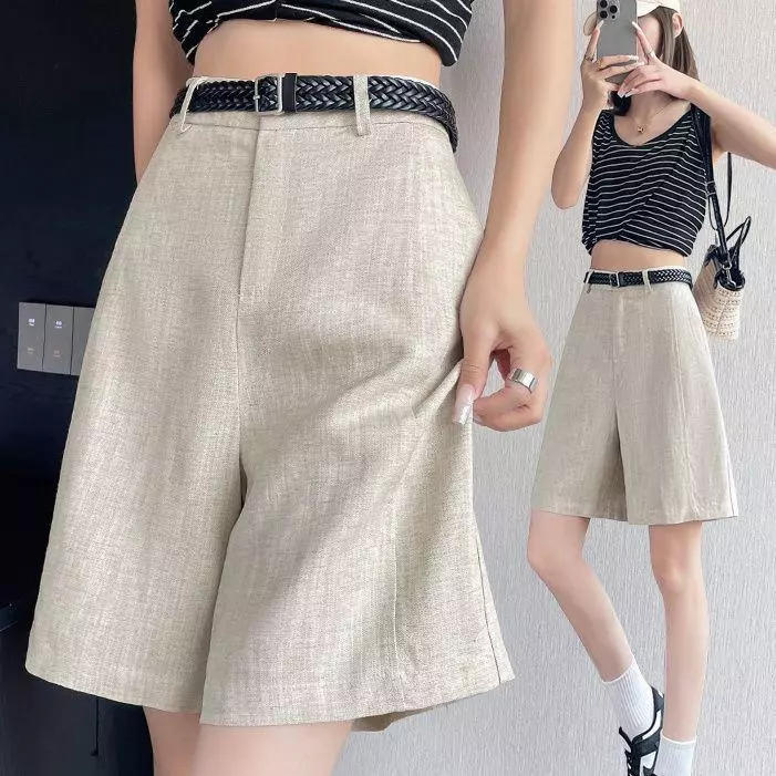 Tencel Linen Quần ống rộng năm điểm Phiên bản chữ A lưng cao nhẹ thoáng khí dáng rộng thông thường phù hợp