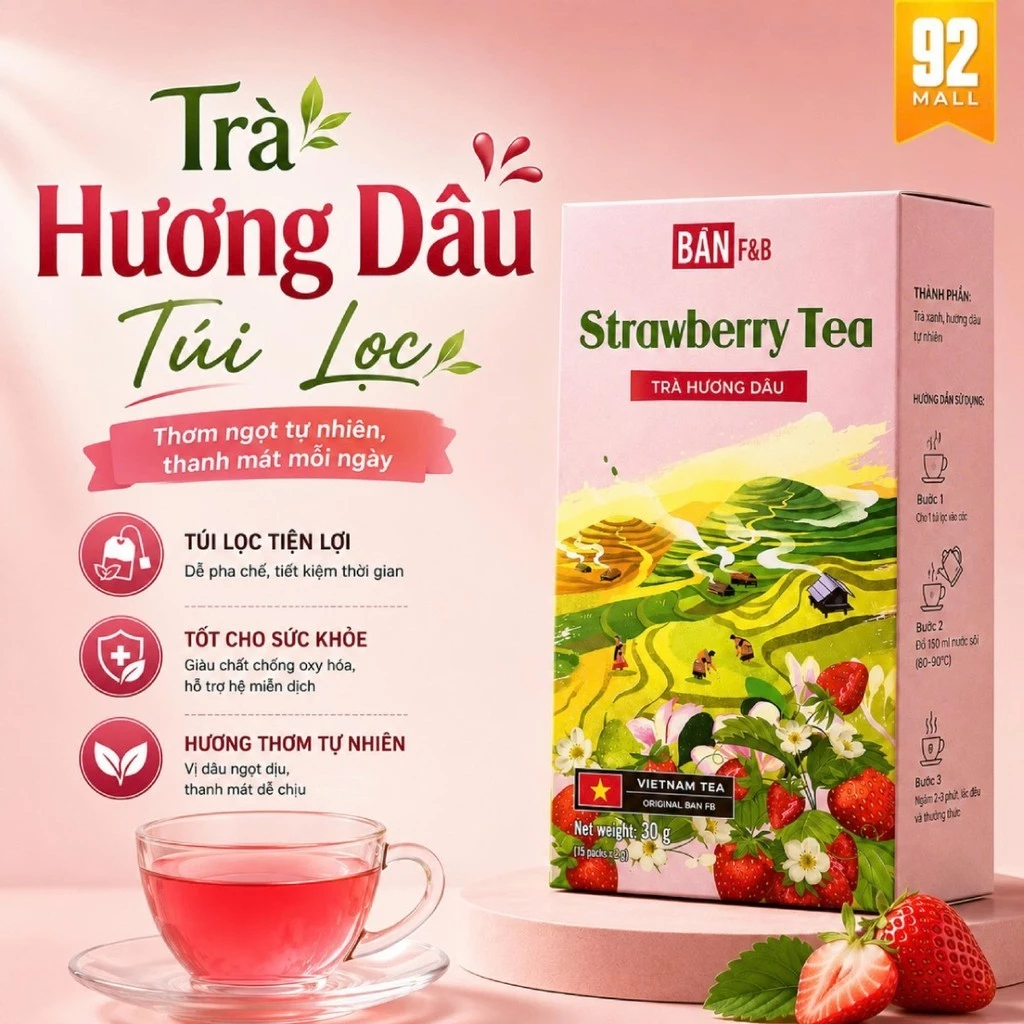 Trà Hương Dâu Túi Lọc Bản F&B Hộp 15 Gói Đậm Vị Tự Nhiên Sản Xuất Tại Việt Nam