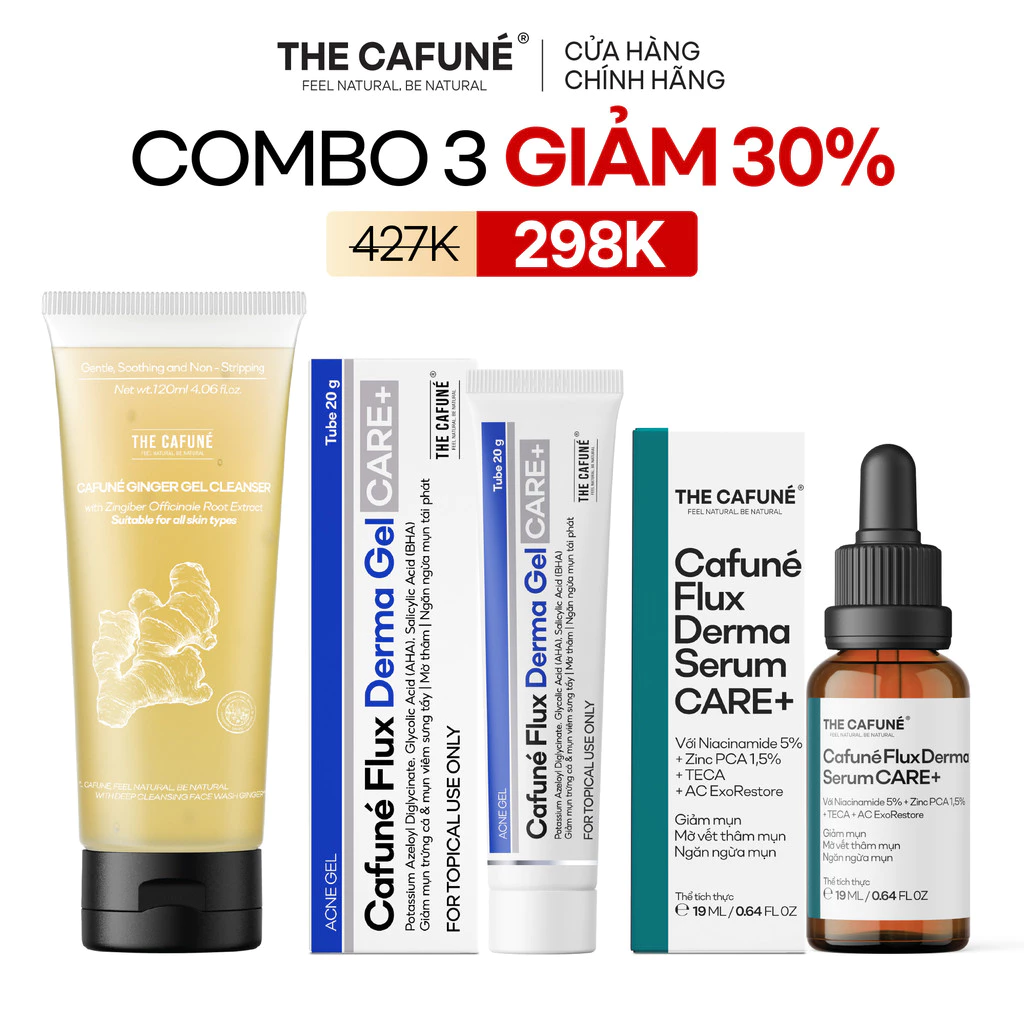 [COMBO GIẢM 42%] Combo 3 Bước Chăm Sóc Da Mụn Cafuné: Sữa Rửa Mặt Gừng + Serum Mụn Flux Derma + Gel Chấm Mụn Flux Derma
