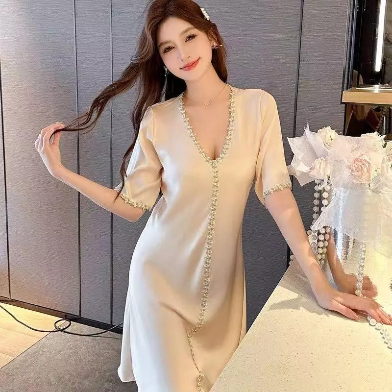 Váy ngủ ngắn tay bằng ren lụa băng phiên bản Hàn Quốc dáng rộng Size lớn Nhẹ gợi cảm mặc trong nhà [Hàng mới về]