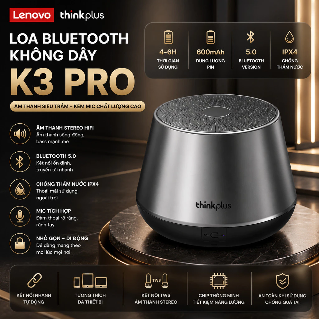 Loa mini Bluetooth Không Dây Lenovo K3 Pro_ âm thanh HiFi siêu trầm