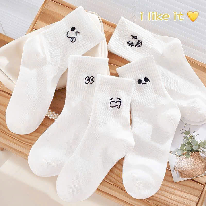Lố 10 đôi tất trắng cổ cao in hình icon cảm xúc