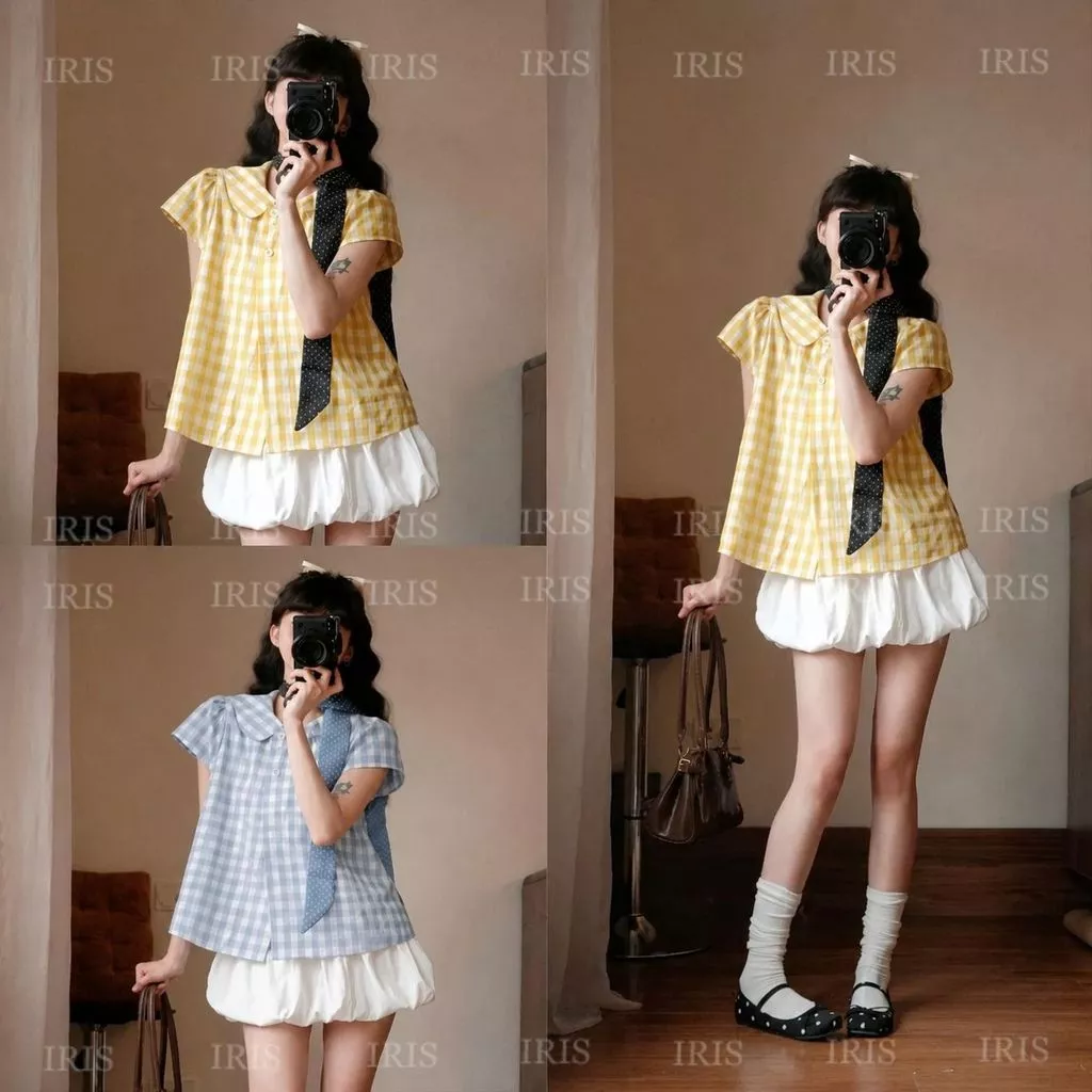 Áo Sơ Mi Caro Cổ Sen 4 Cúc Cộc Tay Nữ Áo Kiểu Dáng Ngắn Cổ Bèo Áo Nữ Dáng Ngắn Form Suông Vintage Hàn Quốc (Mẫu Mới)