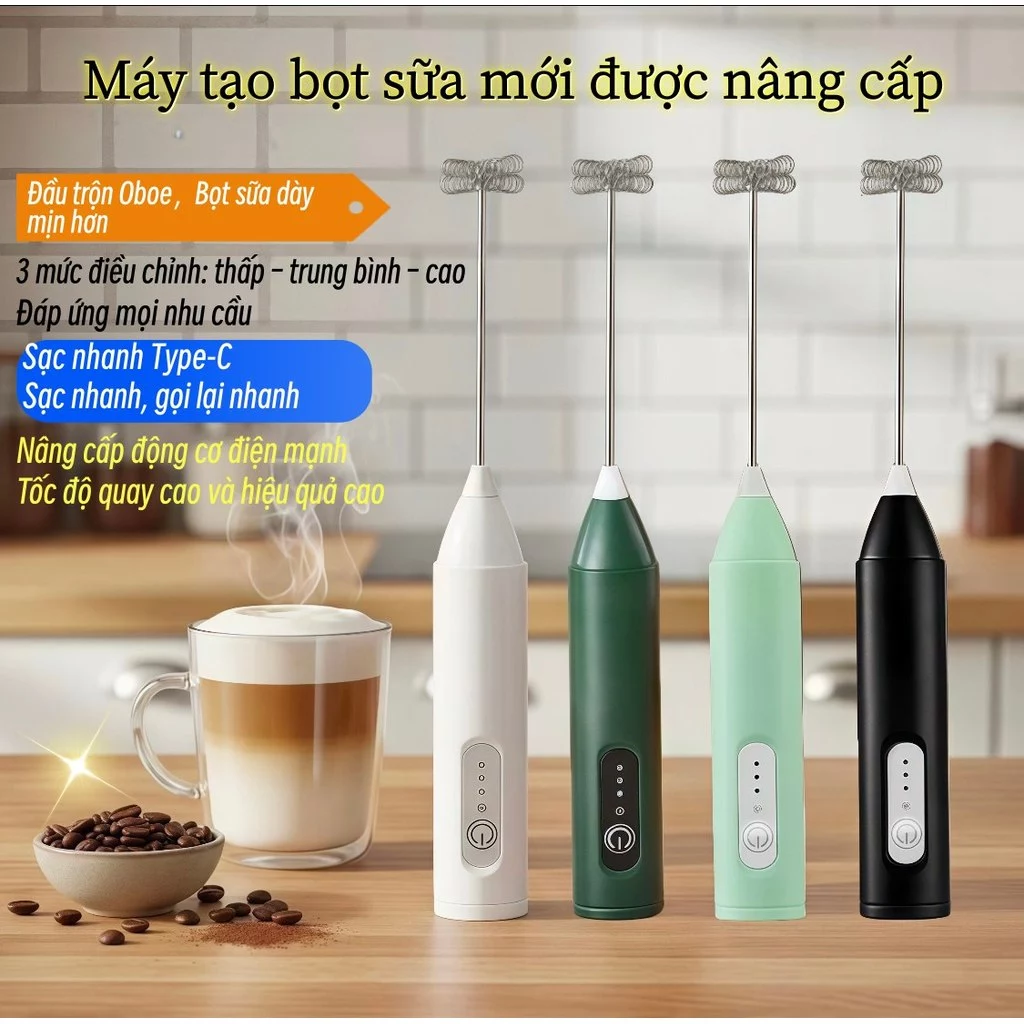 Máy đánh sữa cà phê sạc điện ba tốc độ lò xo kép,Cấp thực phẩm,Có thể dùng cho cà phê, sữa và trứng.