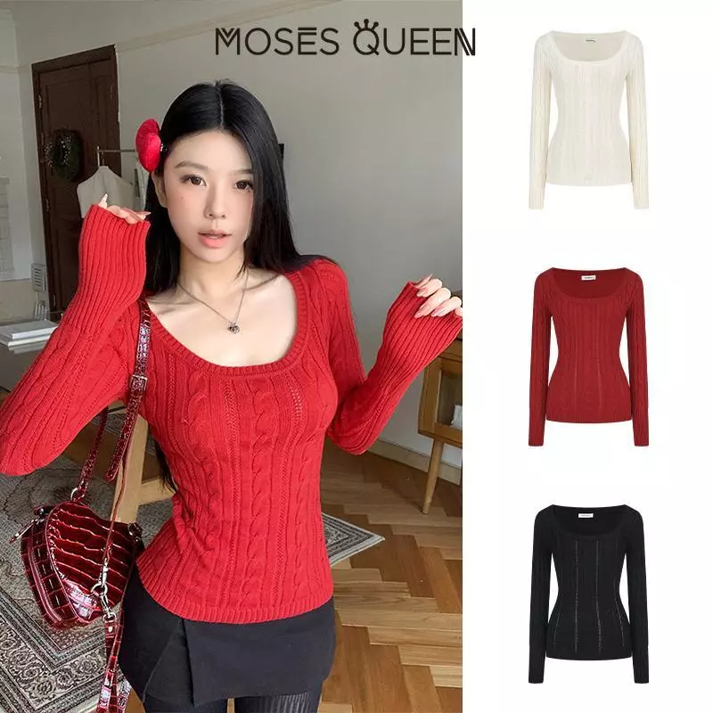 MOSESQUEEN Áo len Moses Queen cổ chữ U dệt kim xoắn, phong cách cổ điển mỏng nhẹ cho nữ, phù hợp mùa Thu Đông#59880