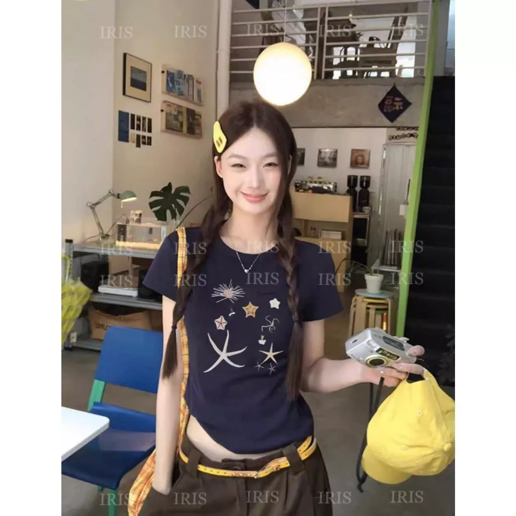 Áo Thun Form Fit In Hình Ngôi Sao Áo Babytee Croptop Nữ Ngắn Tay Chất Cotton Tôn Dáng Phong Cách Hàn  Hot Trend