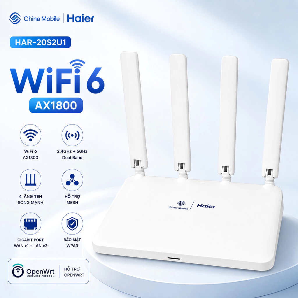 [ English ] Bộ phát wifi Router wifi HAIER HAR-20S2U1   có thêm rom OPENWRT , wifi 6  ax1800, 4 râu , sóng mạnh Hàng cũ