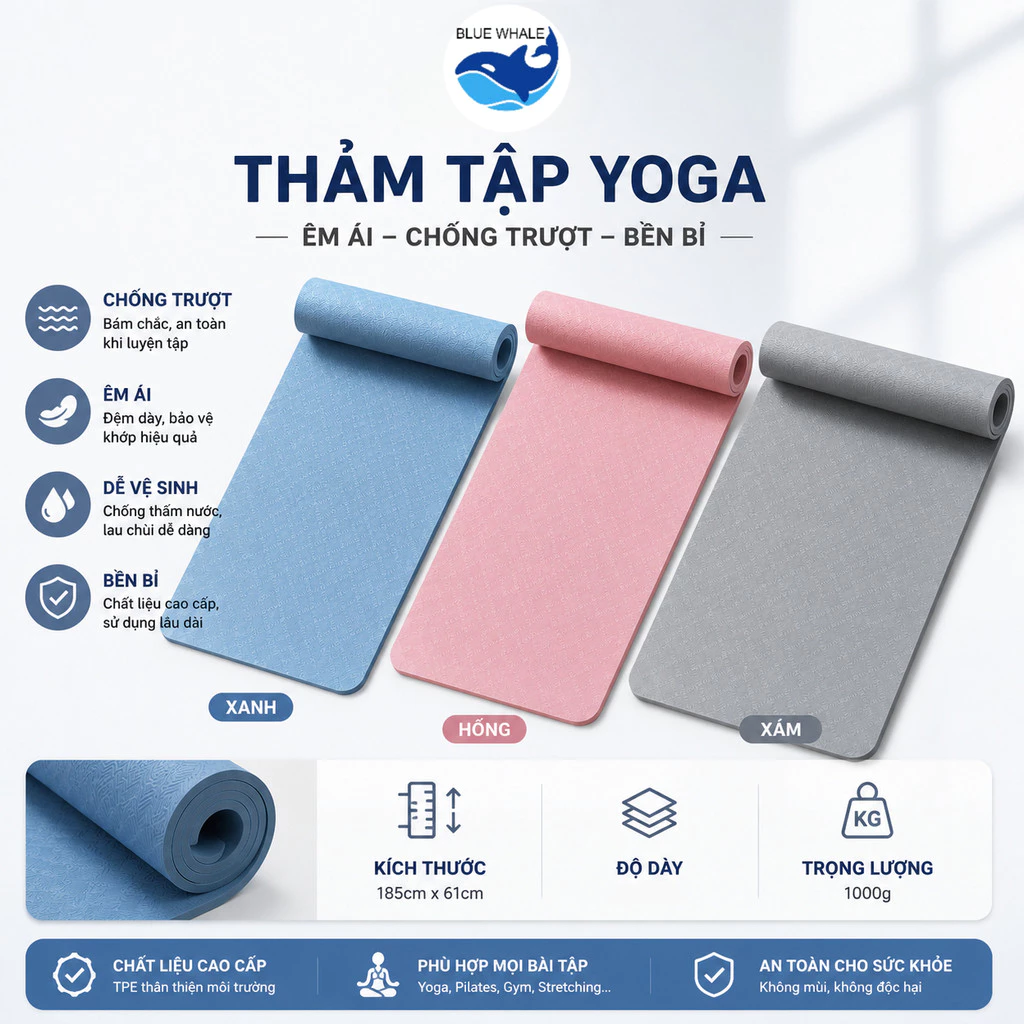 Thảm Yoga Cao Su Non TPE 6/8mm – Chống Trơn, Bền Bỉ, Dễ Vệ Sinh