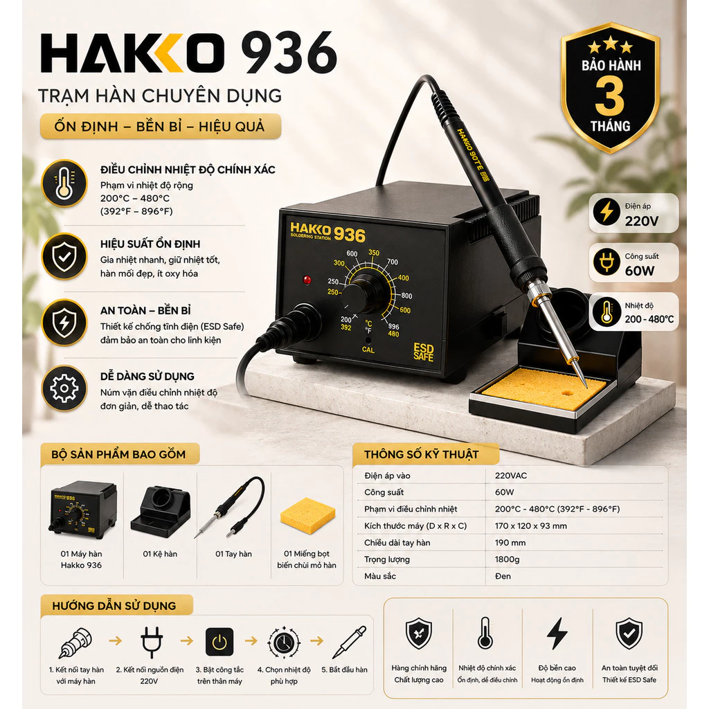 Trạm Hàn HAKKO 936 Và Tay Hàn HAKKO 907 Máy Điều Chỉnh Thiệt Độ Cố Định Theo Mong Muốn Công Suất 60W
