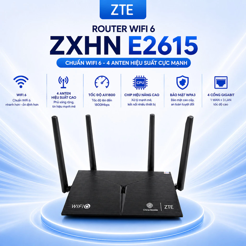 Bộ Phát Wifi6 ZTE E2615 / E2603 / E1600 E2615 chuẩn Ax1800Mbps -Hỗ trợ Mesh ( Qua sử dụng )