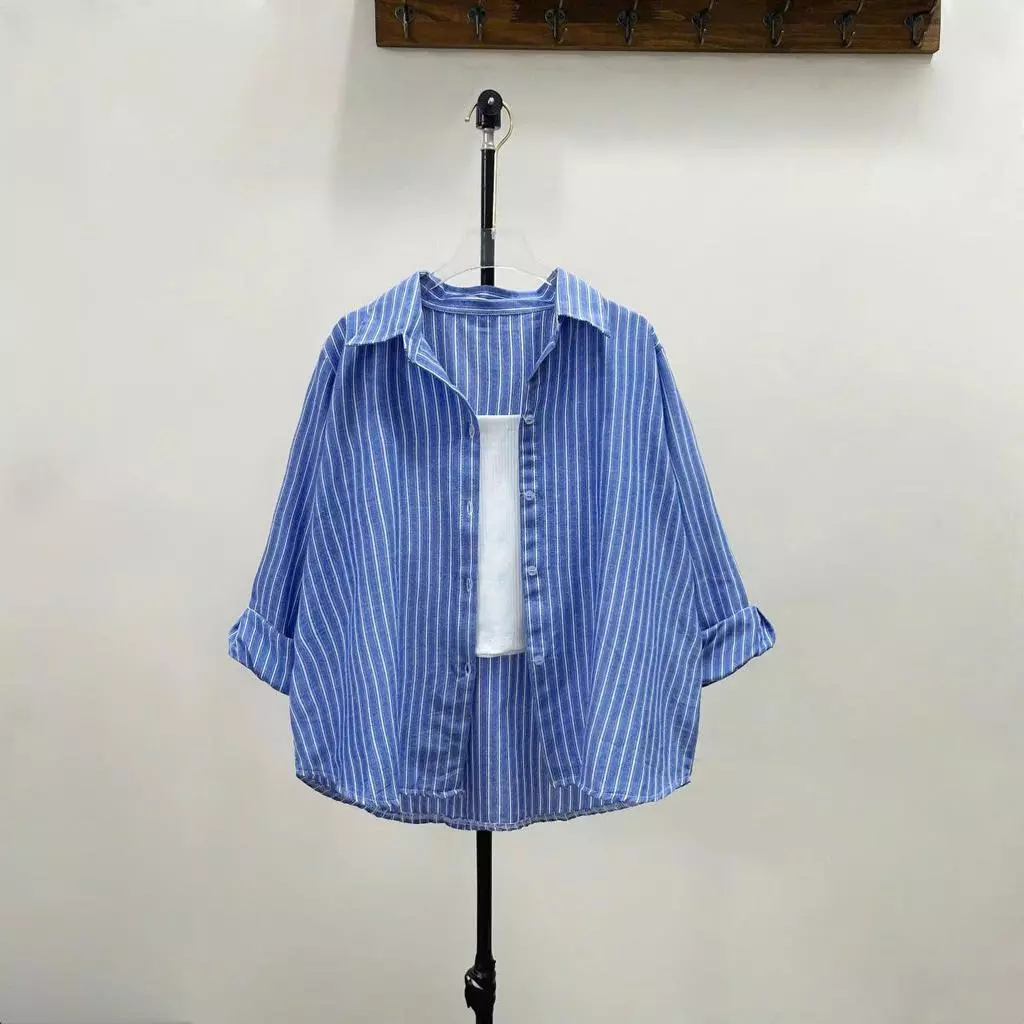 Set 2 món bigsize nữ áo sơ mi kẻ sọc chất linen kèm áo thun 2 dây chất tăm mềm mịn co giãn  - A328+G118