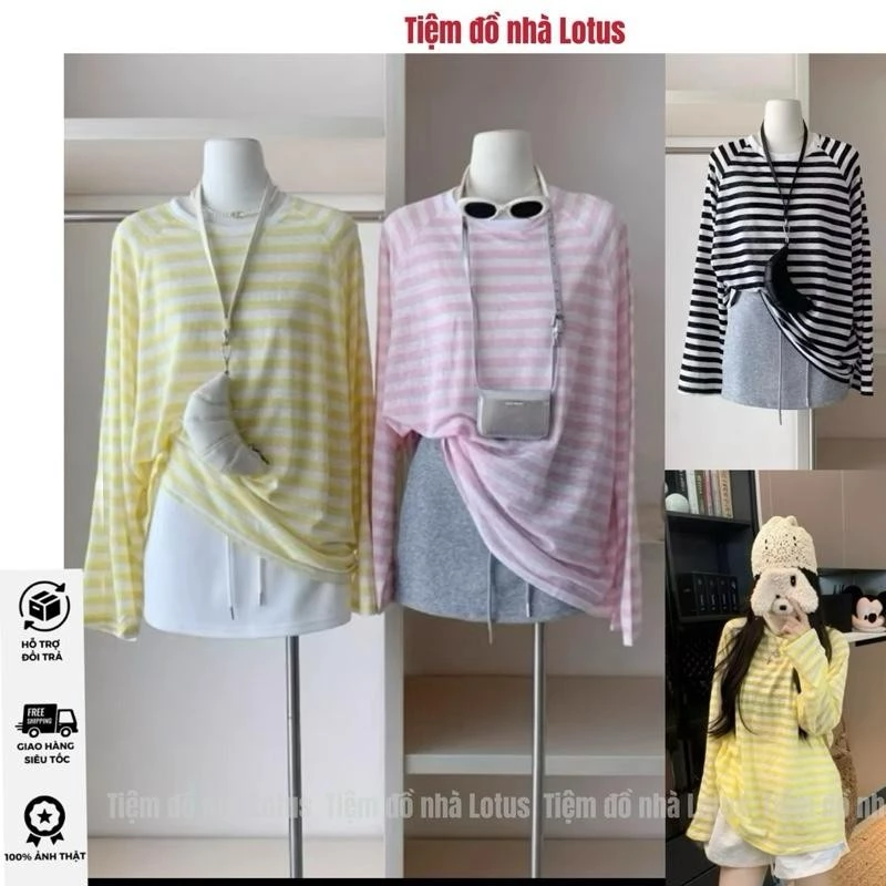 Video SP - Áo Thun Giấy MỎNG NHẸ cổ tròn tay dài sọc đơn giản , phom rộng thoải mái (LOTUS SHOP)