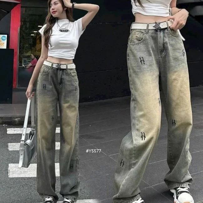 Quần jean Xuông thêu chữ H ống rộng lưng cao  phong cách hàn quốc Ulzzang năng động WJeans013