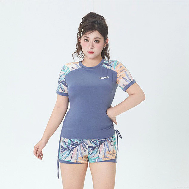 Plus Size Nữ Hai Mảnh Đồ Bơi Màu Hồng Nhiệt Đới Tay Ngắn Rash Guard Đồ Bơi 0529
