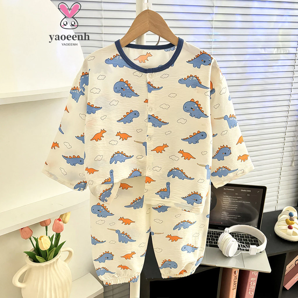 【YAOEENH】80-140CM Bé Trai Bé Gái Hoạt Hình Ba Phần Tư Tay Loungewear Bộ Nhỏ Vừa Trẻ Em Cardigan Cổ Tròn Điều Hòa Không Khí Bộ Đồ Ngủ Hai Mảnh Sẵn Sàng
