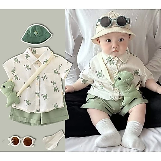 4pcs bộ sơ sinh bé trai áo sơ mi tay ngắn và quần phù hợp mềm bông khủng long mẫu quần áo 0-24M