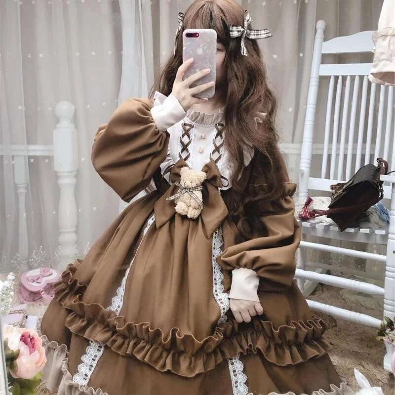 Gothic Đầm Bé Gái Hàng Ngày Dài Tay Người Giúp Việc Gothic Trang Phục Sinh Viên Ngọt Ngào Đầm Bé Gái