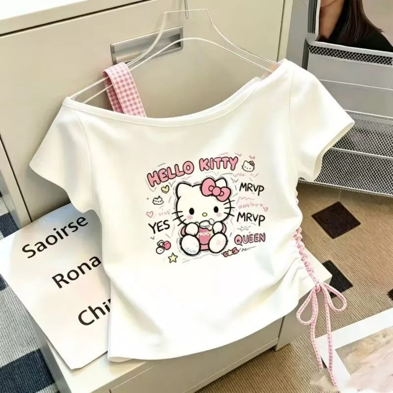 Áo thun lệch vai bé gái phong cách Hàn Quốc - Tay ngắn rút dây thời trang, áo hè cá tính cho bé