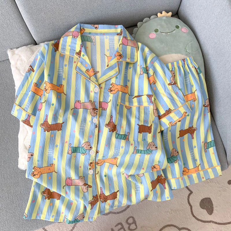 Bộ Đồ Ngủ Nữ Cotton Mây Mùa Hè Mới Tay Ngắn Quần Đùi Áo Cardigan Cổ Tròn Mặc Nhà Thoáng Mát Thoải Mái