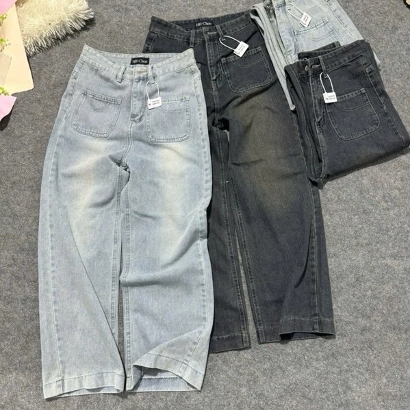 Quần jeans suông nữ co túi trước bản lai to chất jeans mềm WJeans040