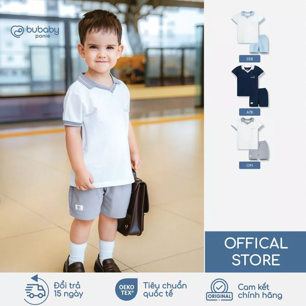 Bộ quần áo cộc tay Polo Ponie cổ V BU Baby, bộ đồ trẻ em mềm mát, bộ hè thoáng mát | PPN130600