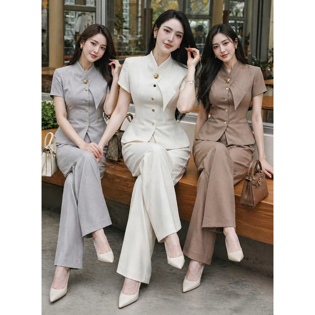 Set Bộ VEST Nữ Dài CÔNG SỞ Tay Ngắn THỜI TRANG Thiết Kế Xu Hướng PHỐI NÚT Kèm Phụ Kiện Thanh Lịch NY NA STORE