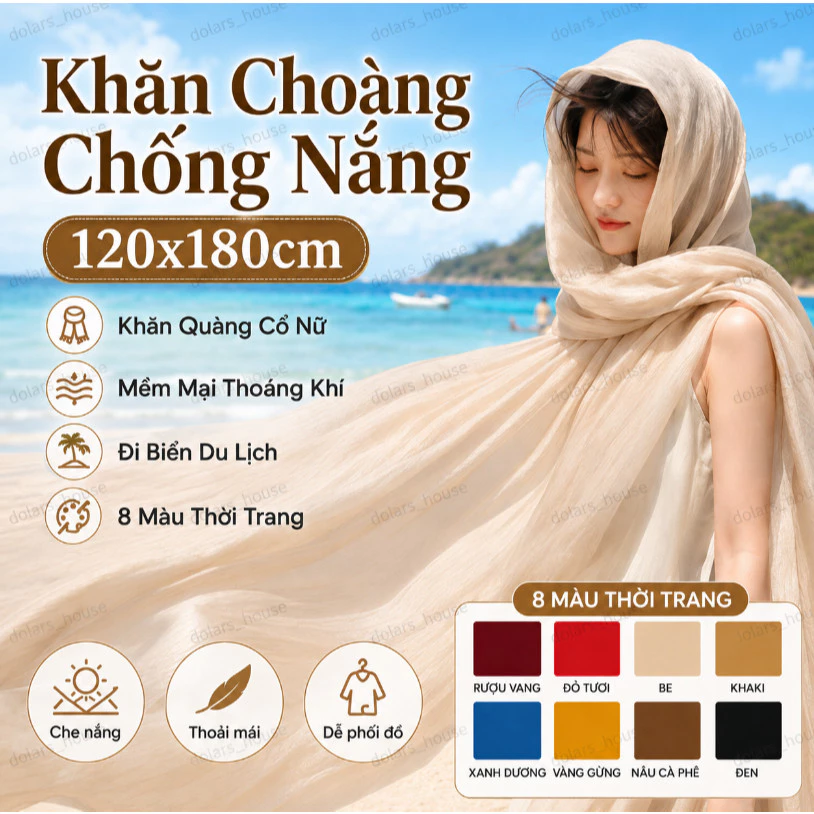 Khăn Choàng Nữ Khổ Lớn 180x120cm, Voan Mỏng Nhẹ Thoáng Khí, Che Nắng Đi Biển Phong Cách Hàn Quốc, Mềm Mại Dễ Phối Đồ
