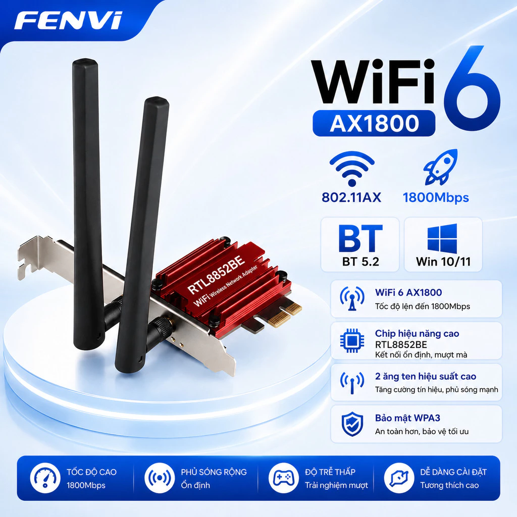 FENVI Wifi 6 ax1800 RTL8852BE để bàn không dây PCIe Card wifi  bluetooth 5.2 802. 11ax 2.4G/5GHz cho Win10/11