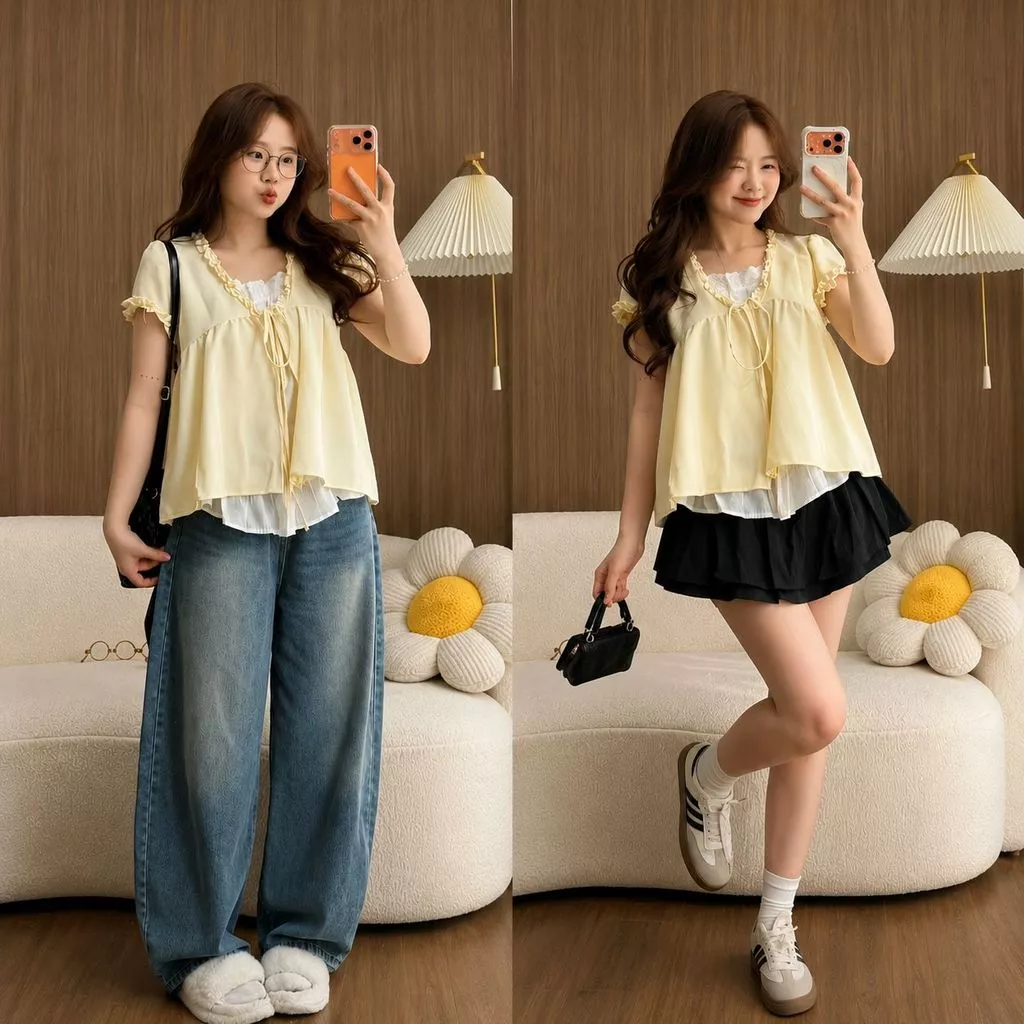 Áo Babydoll Nữ Viền Bèo Nơ Ngực Phối Ren Boi Trắng Tay Phồng Hai Lớp Form Rộng Dễ Thương Phong Cách Ulzzang
