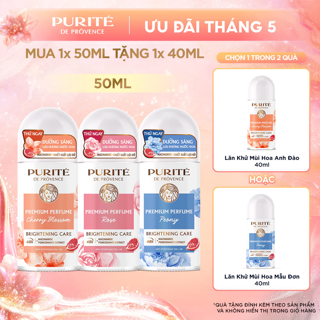 Combo Lăn Khử Mùi Dưỡng Sáng Hương Nước Hoa Cao Cấp Purité 50ML và Lăn Khử Mùi Dưỡng Sáng 40ML
