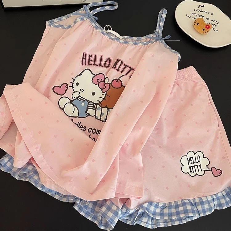 Bộ Đồ Ngủ Nữ Hai Mảnh Áo Camisole Hình Mèo KT Màu Hồng Quần Short Kẻ Mùa Hè Dễ Thương