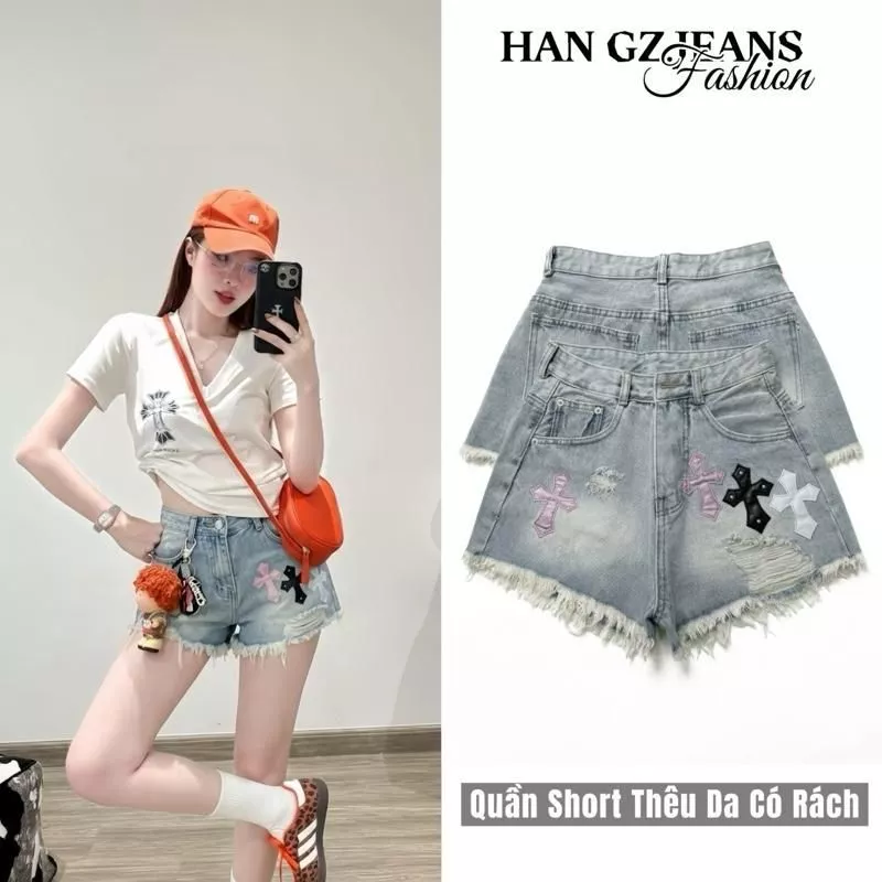HAN GZ JEANS Quần Short Thêu Da Có Rách Phong Cách Thời Trang Hiện Đại Cho Nữ Thiết Kế Độc Đáo X291