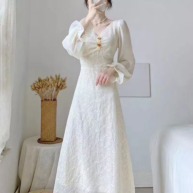 Váy cổ điển kiểu Pháp nghỉ trà tình yêu đầu tiên, mùa hè phong cách mỏng nhẹ nhàng Váy cổ tích eo hẹp