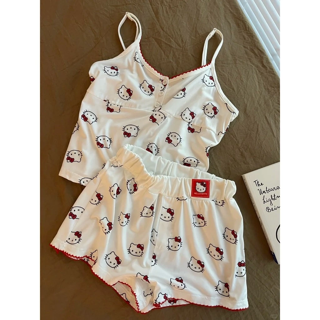 Bộ Đồ Ngủ Nữ 2 Mảnh Mèo KT Dễ Thương, Áo Hai Dây Camisole Gợi Cảm Phối Quần Short Mặc Nhà Mùa Hè