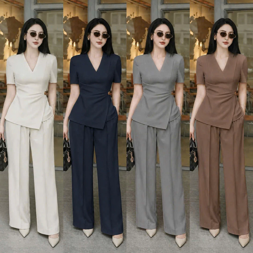 Set Bộ Nữ VEST Dài CÔNG SỞ Tay Ngắn CỔ TIM NHẤN EO Kèm Phụ Kiện THỜI TRANG SANG TRỌNG LANO STORE