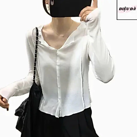 Áo thun dài tay nữ basic khuy cúc sành điệu thun cotton co giãn thoáng mát thấm hút mồ hôi hình đơn giản trẻ trung