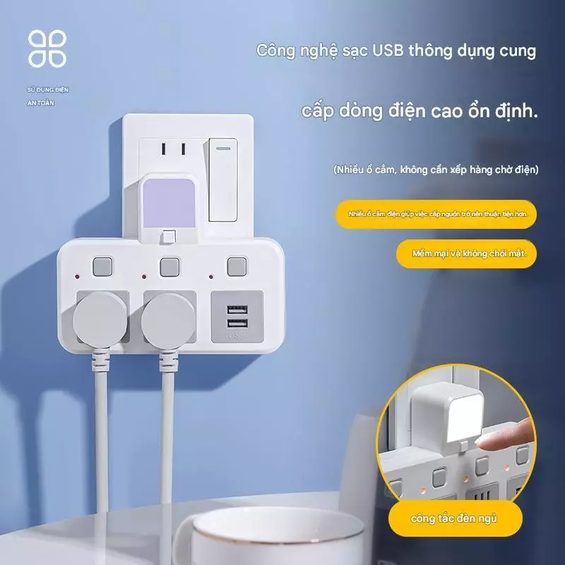 Ổ Chia Điện 3 Chấu Đa Năng Có Cổng USB Ổ Cắm Chia Điện 2500W Có Đèn Ngủ Chống Cháy