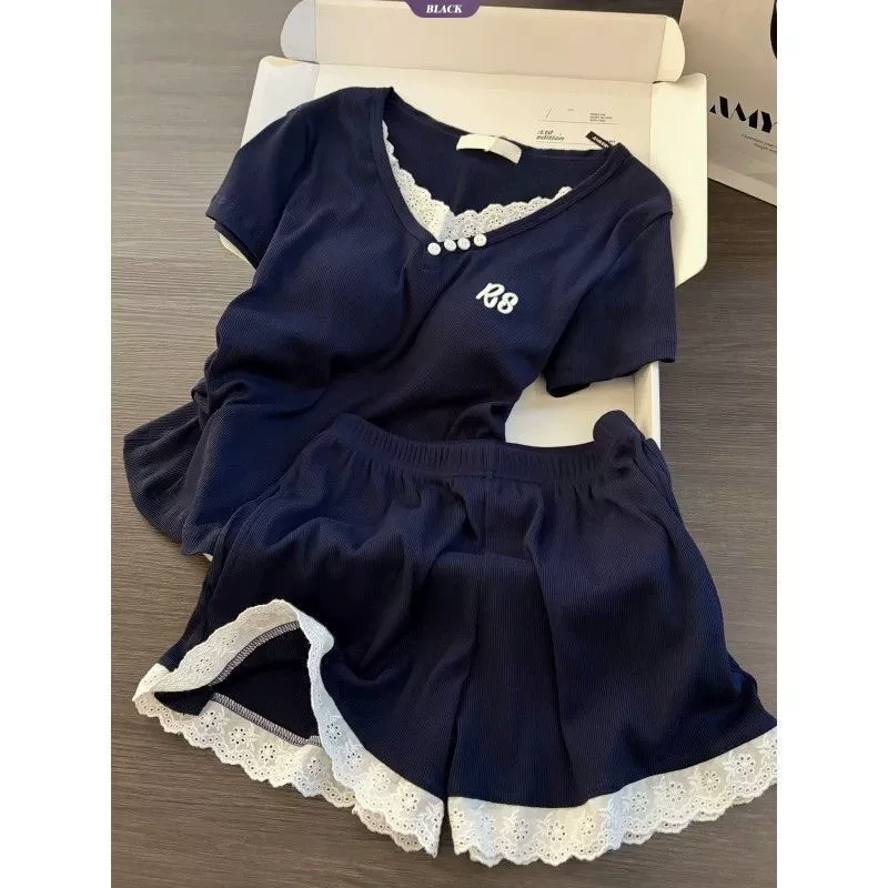 Bộ đồ ngủ ren ngắn tay màu xanh hải quân dành cho nữ có cốc và quần Short có đệm — Bộ đồ ngủ mùa hè [BL]